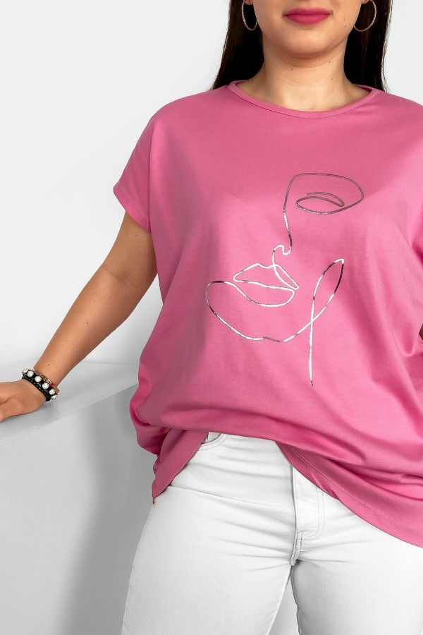 Nietoperz T-shirt damski plus size w kolorze old pink róż srebrny nadruk line art face 1