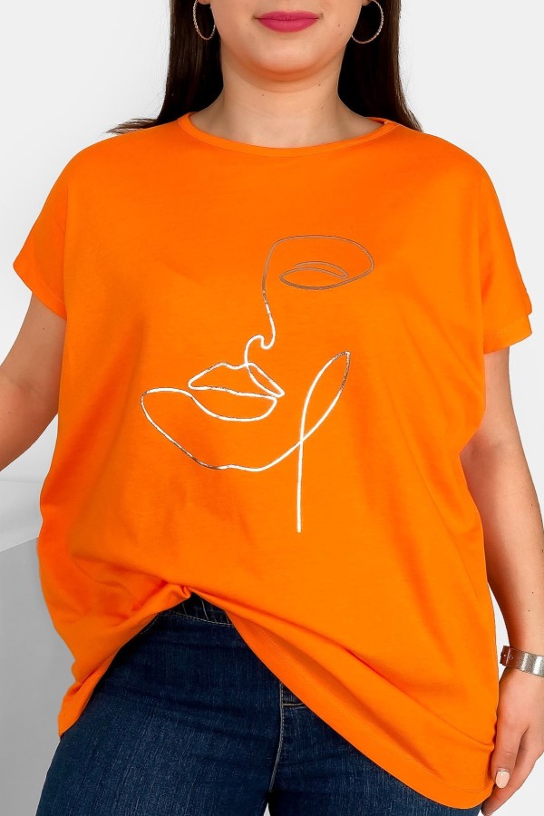 Nietoperz T-shirt damski plus size w kolorze pomarańczowym srebrny nadruk line art face
