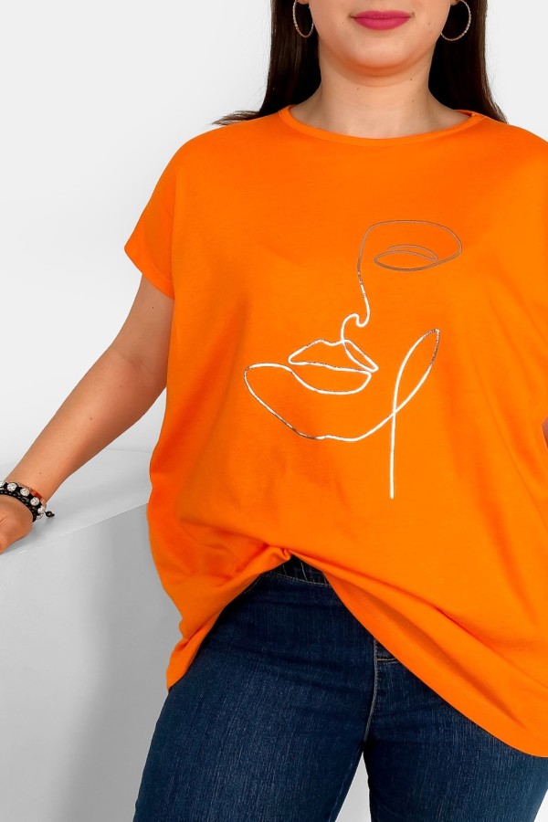 Nietoperz T-shirt damski plus size w kolorze pomarańczowym srebrny nadruk line art face 1