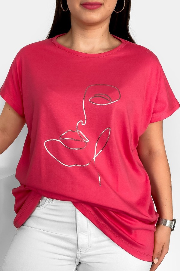 Nietoperz T-shirt damski plus size w kolorze arbuzowym srebrny nadruk line art face