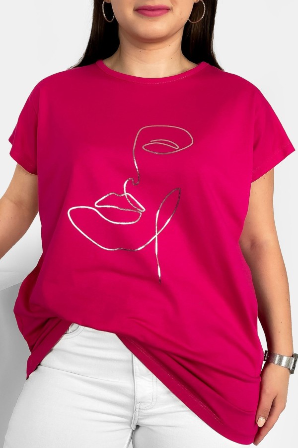 Nietoperz T-shirt damski plus size w kolorze wiśniowym srebrny nadruk line art face 2
