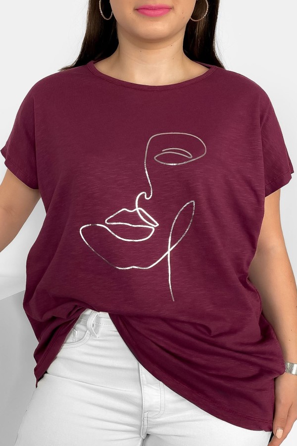 Nietoperz T-shirt damski plus size w kolorze wine berry srebrny nadruk line art face