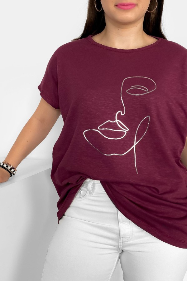 Nietoperz T-shirt damski plus size w kolorze wine berry srebrny nadruk line art face 1