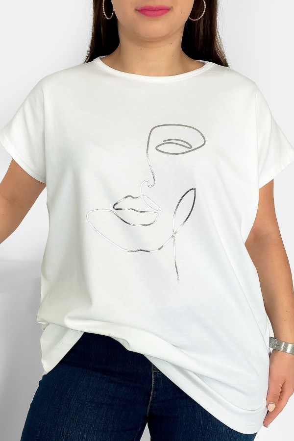 Nietoperz T-shirt damski plus size w kolorze ecru nadruk line art face