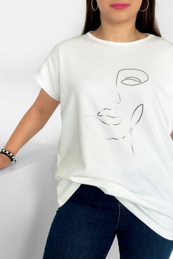 Nietoperz T-shirt damski plus size w kolorze ecru nadruk line art face 1