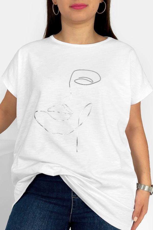 Nietoperz T-shirt damski plus size w kolorze białym srebrny nadruk line art face