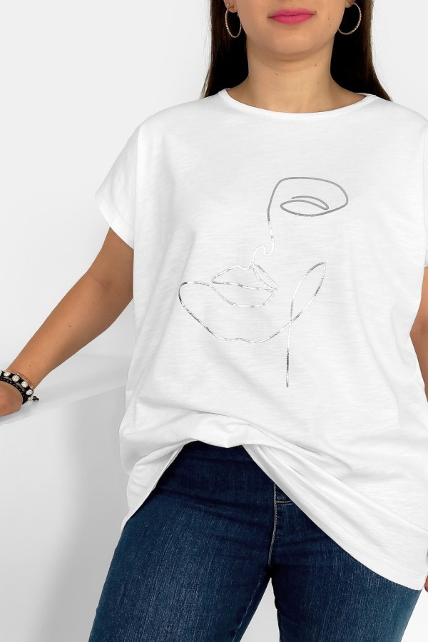 Nietoperz T-shirt damski plus size w kolorze białym srebrny nadruk line art face 1