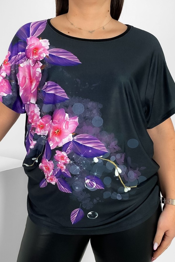 Bluzka damska plus size nietoperz multikolor z nadrukiem kwiaty pink violet 2