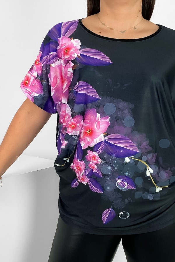 Bluzka damska plus size nietoperz multikolor z nadrukiem kwiaty pink violet 1