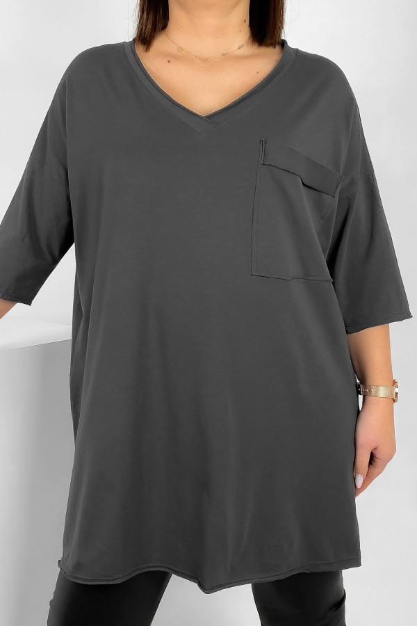 Tunika damska w kolorze grafitowym bluzka oversize v-neck kieszeń Polina