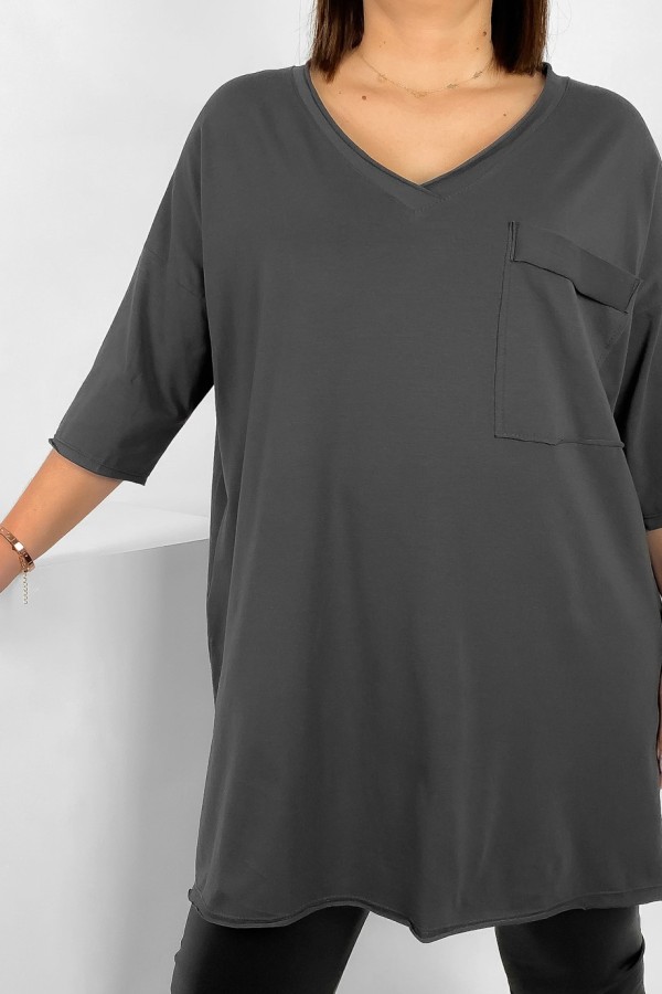 Tunika damska w kolorze grafitowym bluzka oversize v-neck kieszeń Polina 2
