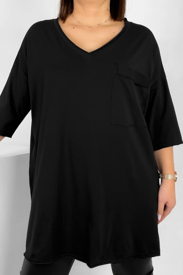 Tunika damska w kolorze czarnym bluzka oversize v-neck kieszeń Polina