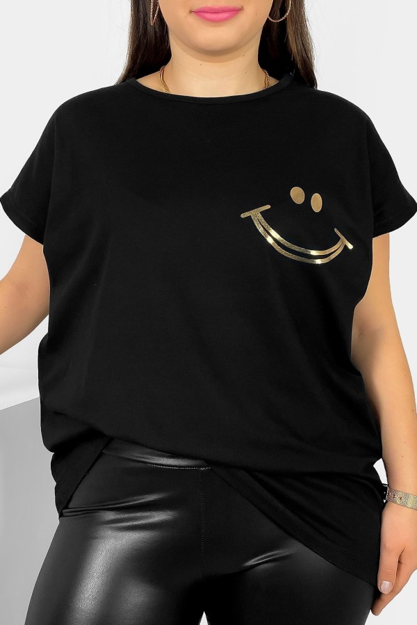 Nietoperz T-shirt damski plus size w kolorze czarnym złoty nadruk uśmiech Kerry