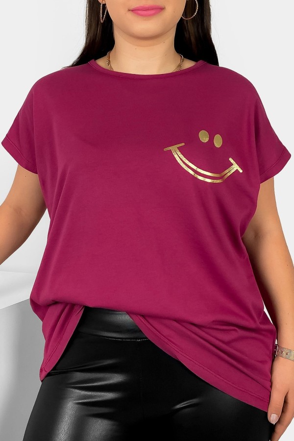Nietoperz T-shirt damski plus size w kolorze rubinowym złoty nadruk uśmiech Kerry