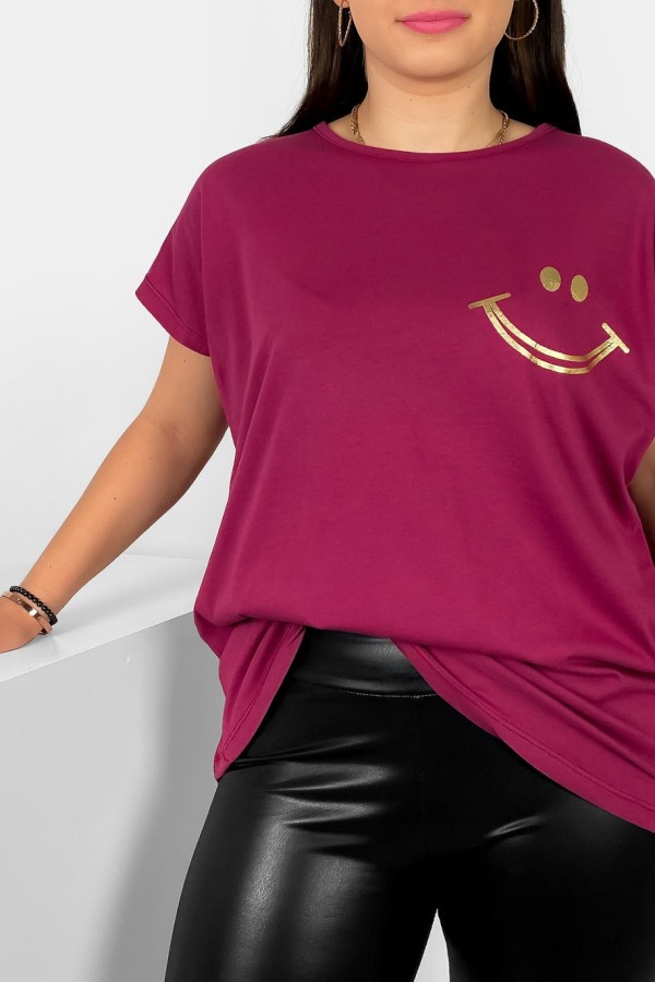 Nietoperz T-shirt damski plus size w kolorze rubinowym złoty nadruk uśmiech Kerry 1