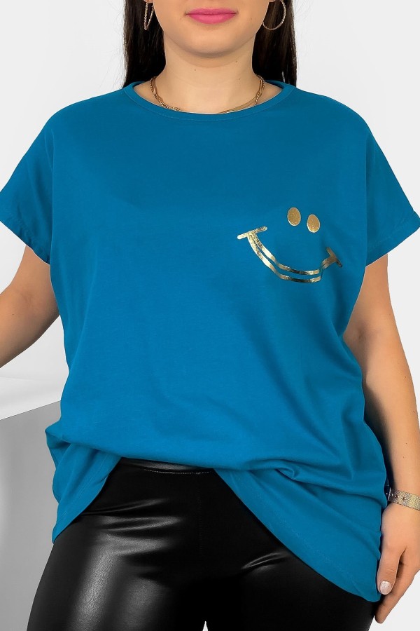 Nietoperz T-shirt damski plus size w kolorze pawi niebieski złoty nadruk uśmiech Kerry