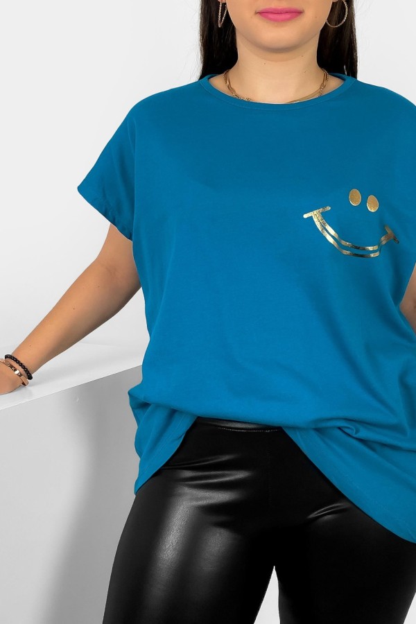 Nietoperz T-shirt damski plus size w kolorze pawi niebieski złoty nadruk uśmiech Kerry 1