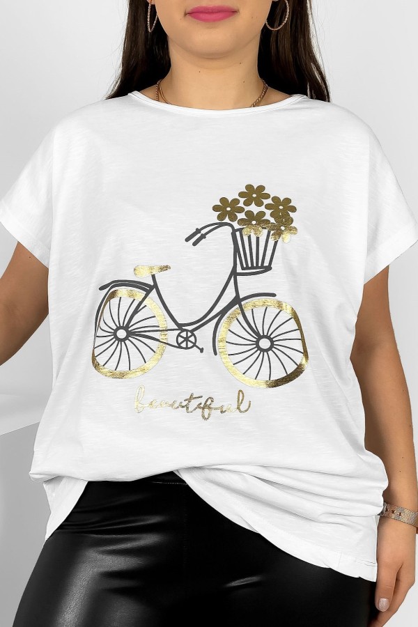 T-shirt damski plus size nietoperz w kolorze białym nadruk rower Theo