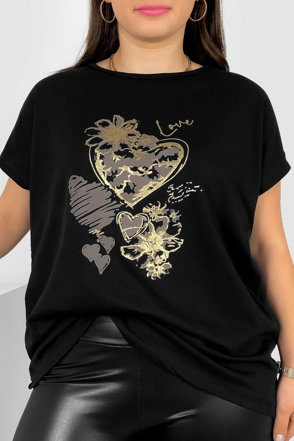 T-shirt damski plus size nietoperz w kolorze czarnym nadruk serca Jeno