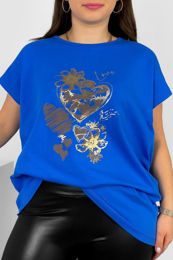 T-shirt damski plus size nietoperz w kolorze niebieskim nadruk serca Jeno