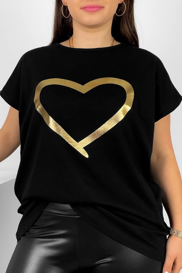 Nietoperz T-shirt damski plus size w kolorze czarnym złoty nadruk serce Horon