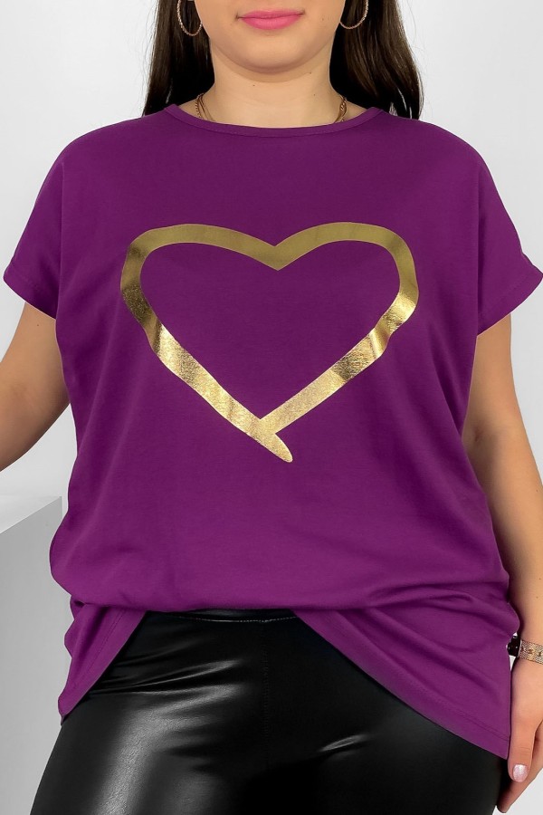 Nietoperz T-shirt damski plus size w kolorze fioletowym złoty nadruk serce Horon