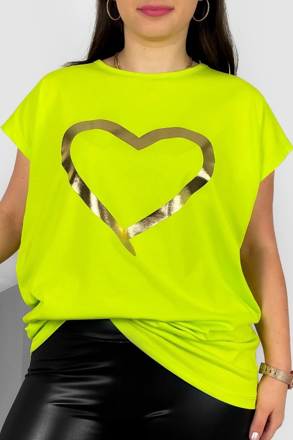 Nietoperz T-shirt damski plus size w kolorze limonkowym złoty nadruk serce Horon