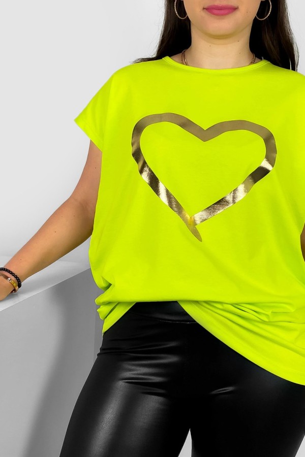 Nietoperz T-shirt damski plus size w kolorze limonkowym złoty nadruk serce Horon 1