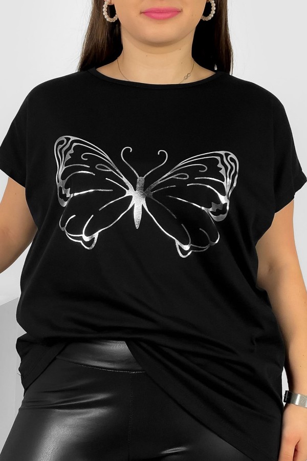 Nietoperz T-shirt damski plus size w kolorze czarnym srebrny nadruk motyl Derpy