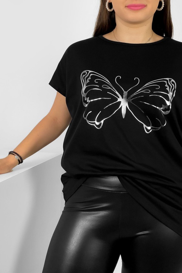 Nietoperz T-shirt damski plus size w kolorze czarnym srebrny nadruk motyl Derpy 1