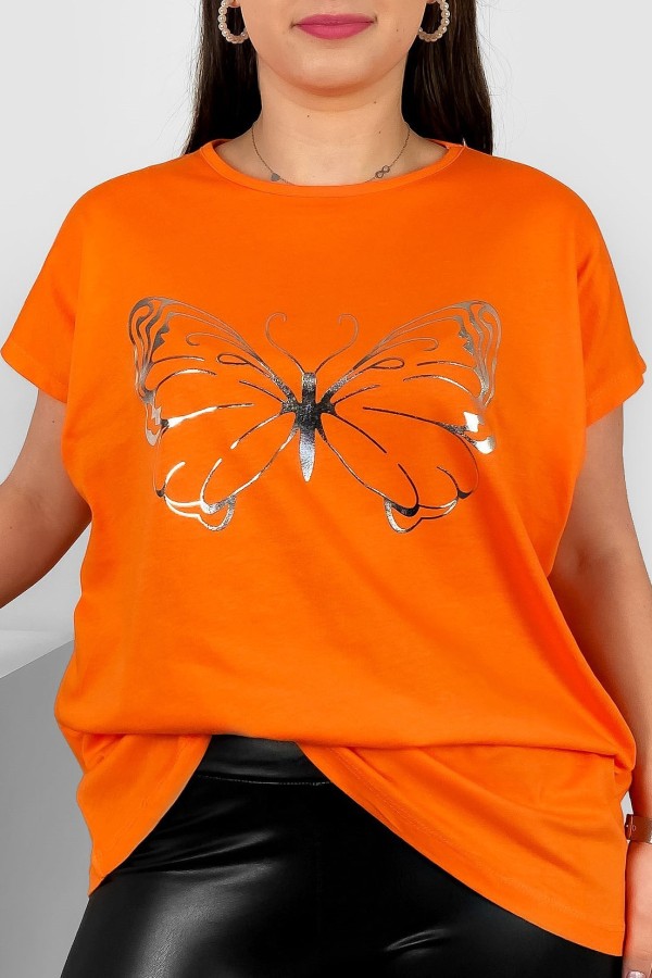 Nietoperz T-shirt damski plus size w kolorze pomarańczowym srebrny nadruk motyl Derpy