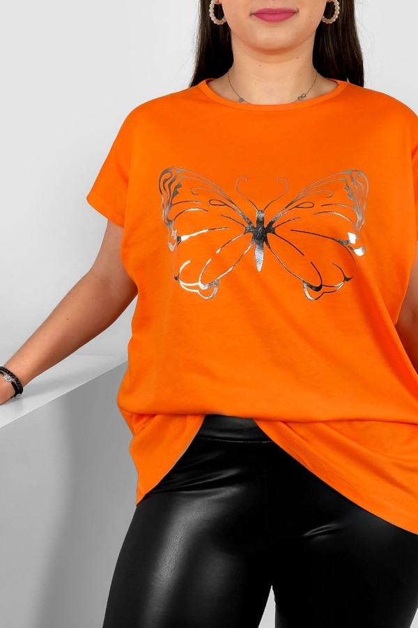 Nietoperz T-shirt damski plus size w kolorze pomarańczowym srebrny nadruk motyl Derpy 1
