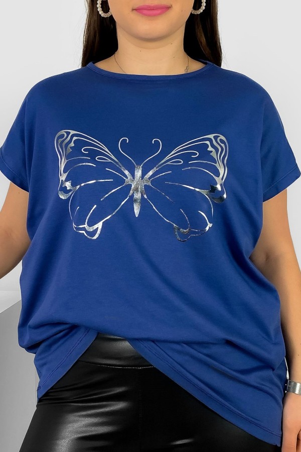 Nietoperz T-shirt damski plus size w kolorze dark blue srebrny nadruk motyl Derpy