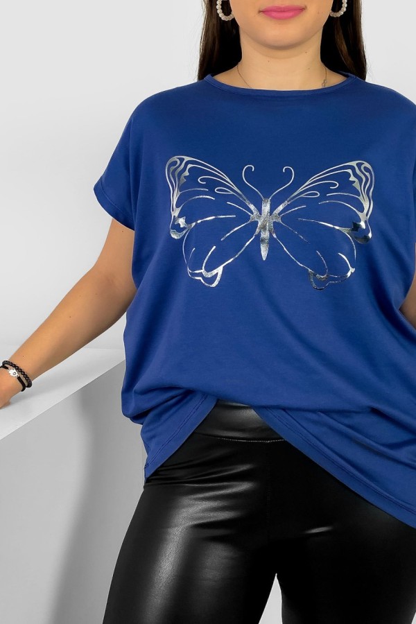 Nietoperz T-shirt damski plus size w kolorze dark blue srebrny nadruk motyl Derpy 1