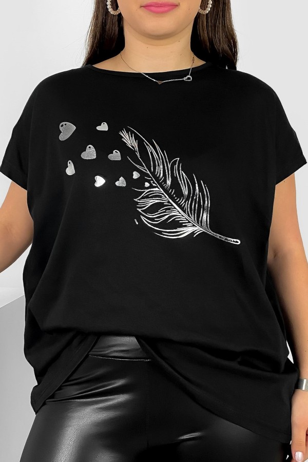 Nietoperz T-shirt damski plus size w kolorze czarnym srebrny nadruk piórko Fewi