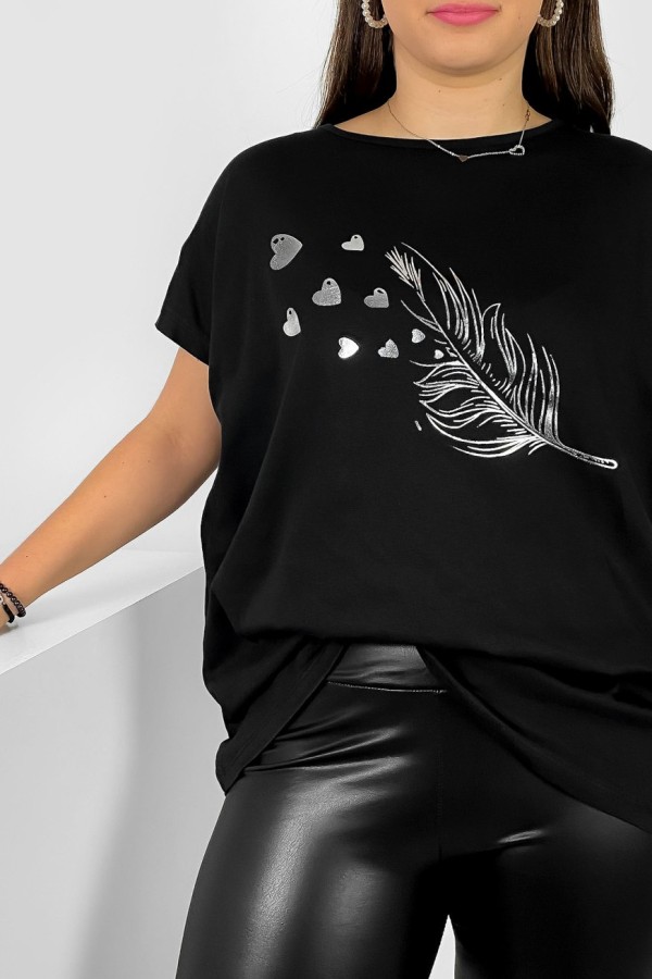 Nietoperz T-shirt damski plus size w kolorze czarnym srebrny nadruk piórko Fewi 1