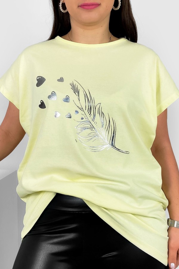 Nietoperz T-shirt damski plus size w kolorze cytrynowym srebrny nadruk piórko Fewi
