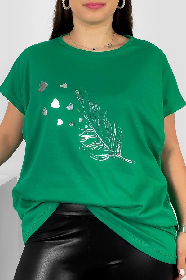Nietoperz T-shirt damski plus size w kolorze zielonym srebrny nadruk piórko Fewi
