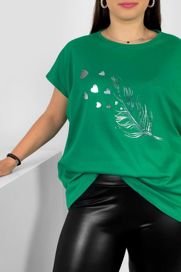 Nietoperz T-shirt damski plus size w kolorze zielonym srebrny nadruk piórko Fewi 1