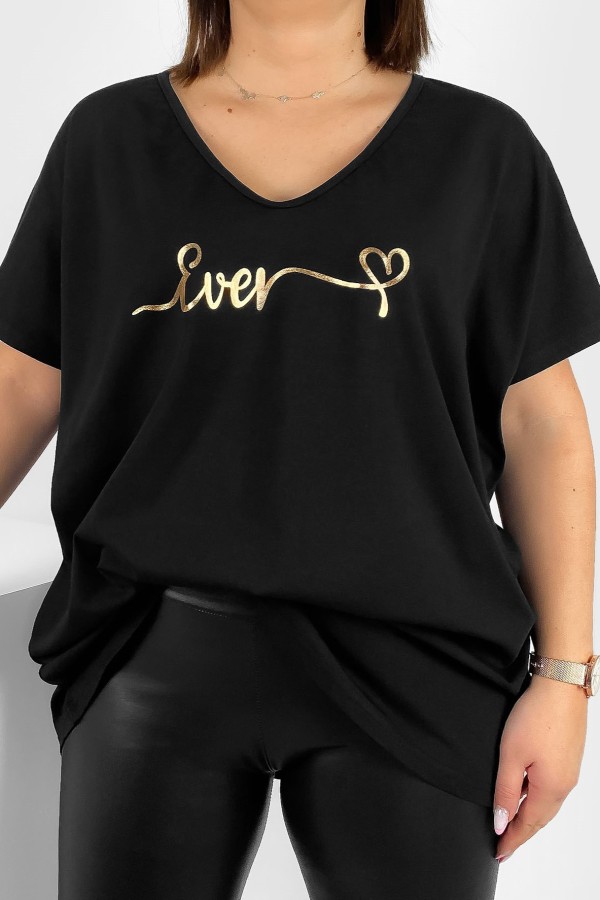 Bluzka damska T-shirt plus size w kolorze czarnym złoty napis Ever 2