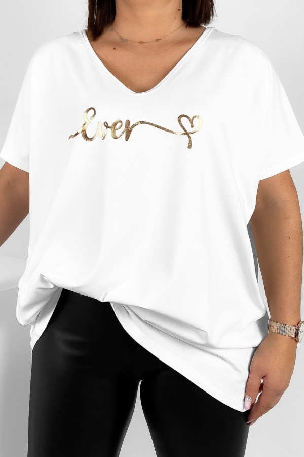 Bluzka damska T-shirt plus size w kolorze białym złoty napis Ever 2