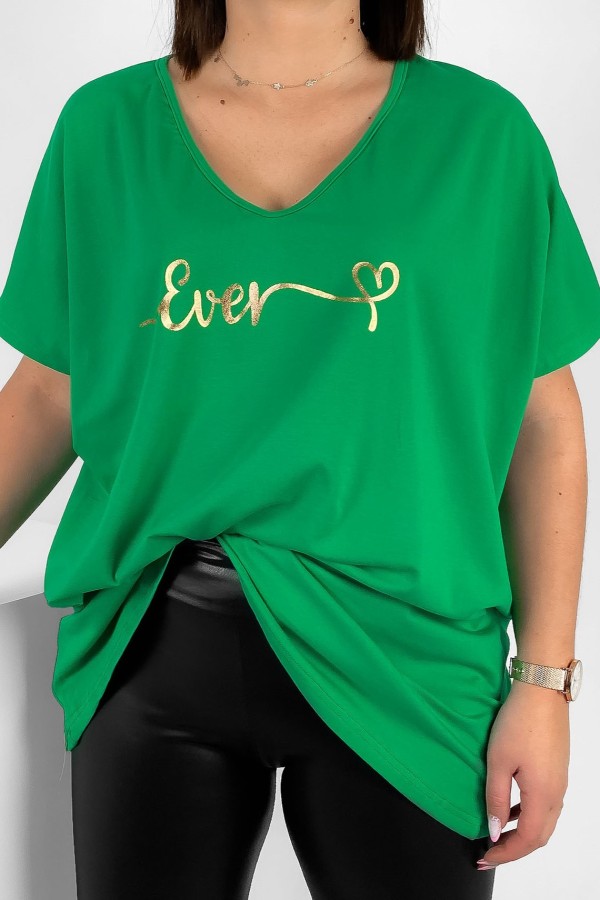 Bluzka damska T-shirt plus size w kolorze zielonym złoty napis Ever