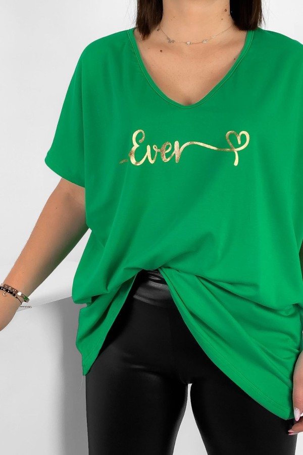 Bluzka damska T-shirt plus size w kolorze zielonym złoty napis Ever 1