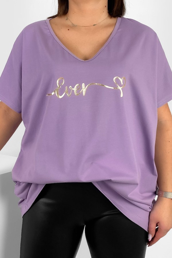 Bluzka damska T-shirt plus size w kolorze lila fiolet złoty napis Ever