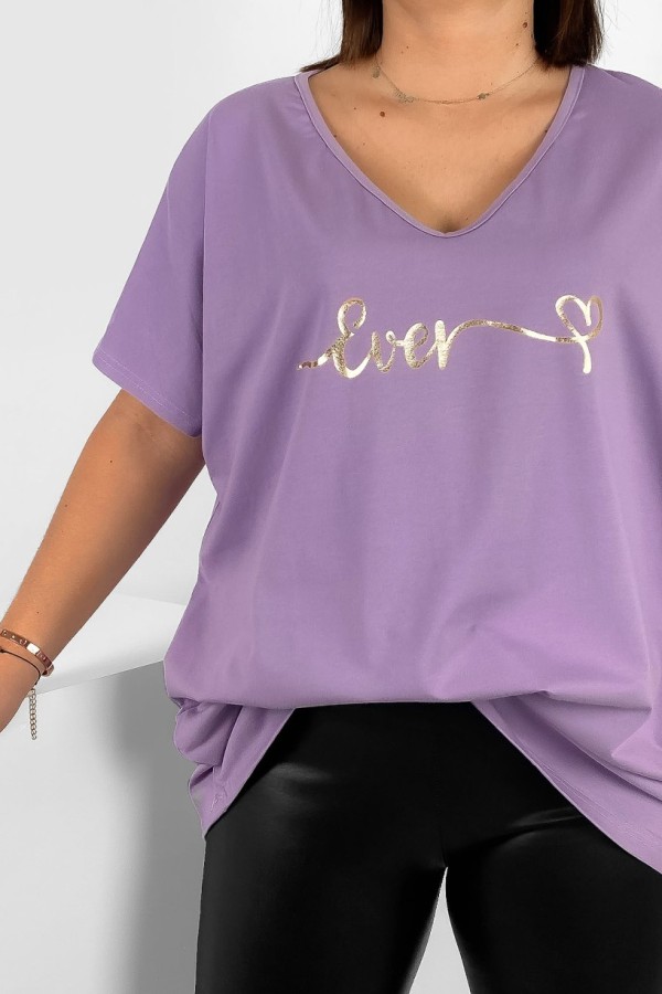 Bluzka damska T-shirt plus size w kolorze lila fiolet złoty napis Ever 1