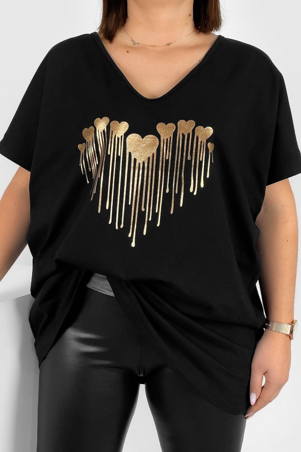 Bluzka damska T-shirt plus size w kolorze czarnym złoty nadruk roztopione serduszka