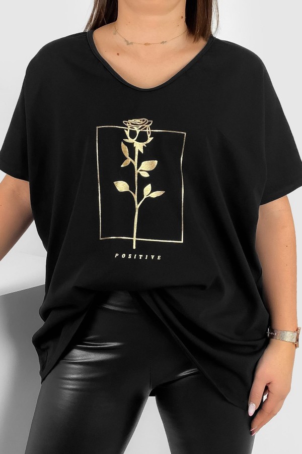 Bluzka damska T-shirt plus size w kolorze czarnym złoty nadruk róża positive