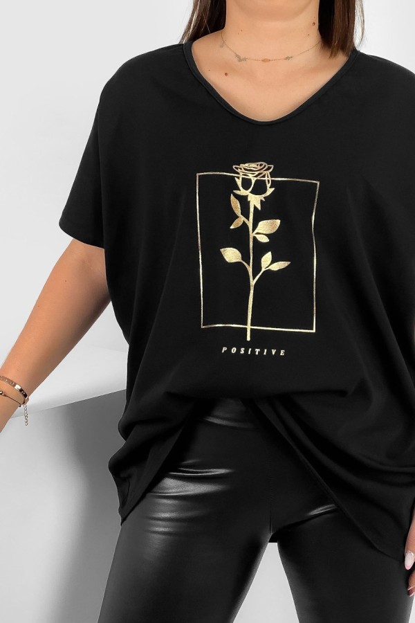 Bluzka damska T-shirt plus size w kolorze czarnym złoty nadruk róża positive 1
