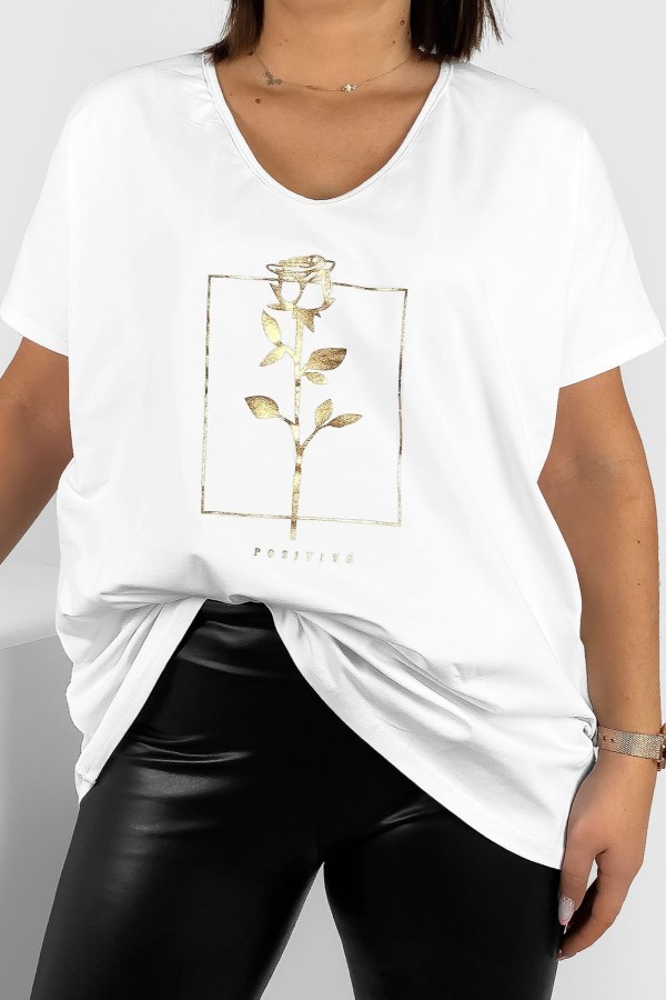 Bluzka damska T-shirt plus size w kolorze białym złoty nadruk róża positive 2