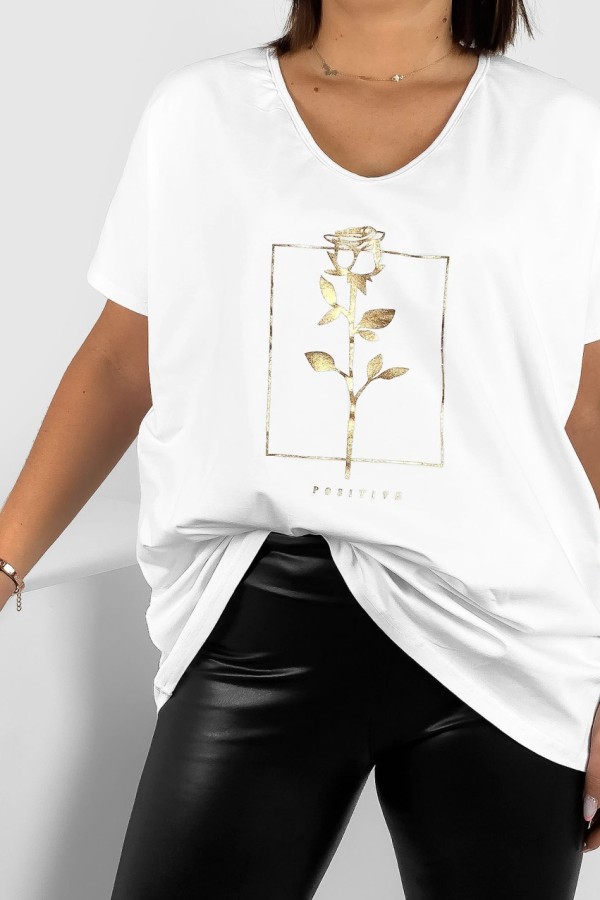 Bluzka damska T-shirt plus size w kolorze białym złoty nadruk róża positive 1